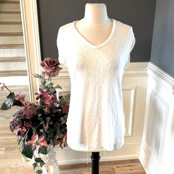 White Top Short Sleeve B Original Raw Hem Solid Oversized XS Womens - Picture 2 of 12